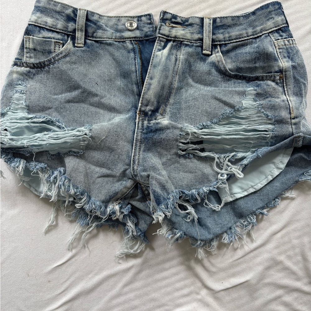 SHEIN Blue Distressed Jean Shorts with Frayed Hem